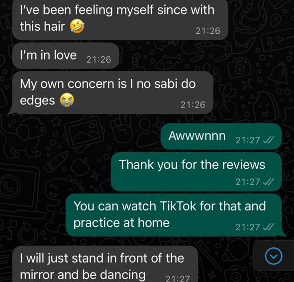 Screenshot of a message Benita sent after her appointment.